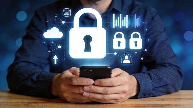 Person holding smartphone with holographic padlock and biometric security icons floating above, illustrating mobile device protection, identity verification, fingerprint scanning,