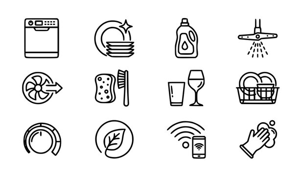 Professional dishwasher outline icon set with kitchen appliance and household cleaning vector symbols