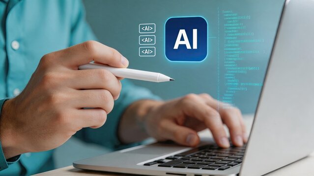 Artificial Intelligence coding concept, programmer typing code on laptop with AI hologram interface, software development and machine learning technology background for future