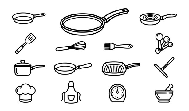 Professional crepe pan skillet outline icon set with culinary cookware and kitchen vector symbols