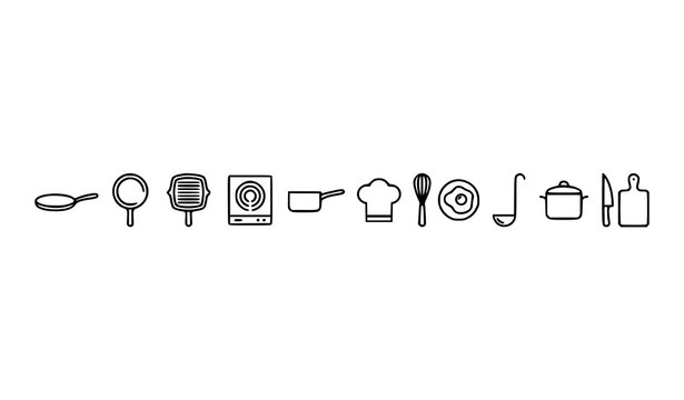 Minimal crepe pan skillet outline icons with cooking cookware and kitchen vector collection