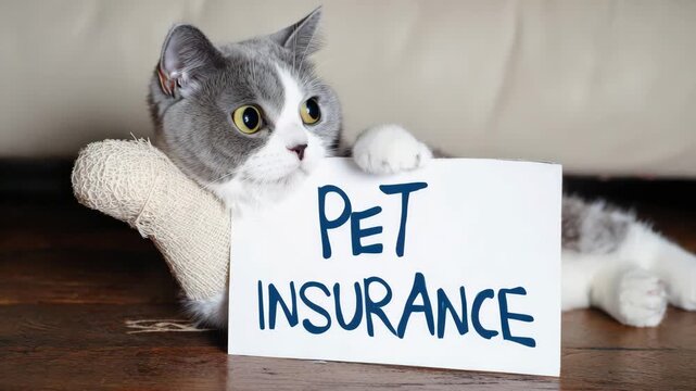 Pet insurance concept Cute grey and white cat with bandaged paw holding a sign about insurance