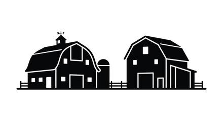 Black silhouette of two barns with a weather vane and fence on a white background silhouette © Mithon