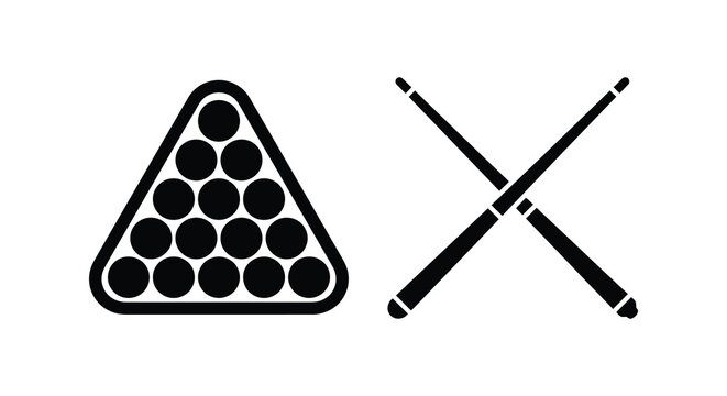 Billiards rack of pool balls and crossed cues in black silhouette