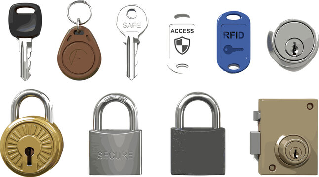 Lock and key security vector illustration set with metal padlocks safe keys rfid electronic fobs deadbolt isolated on white background flat realistic cartoon graphic clip art