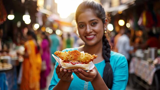 Smiling indian woman holding a fresh vada pav in a vibrant mumbai street market portrait.