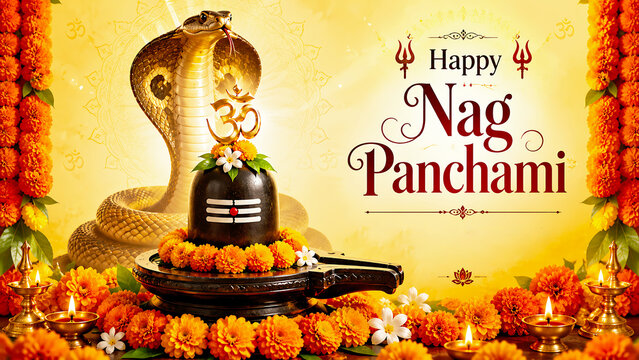Happy nag panchami festival greeting with shiva lingam cobra marigold flowers