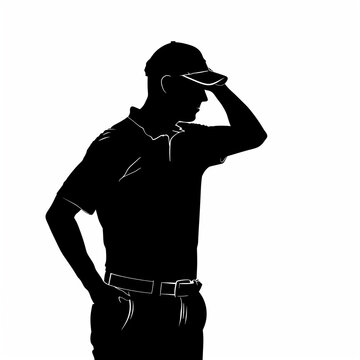 The silhouette of the golfer seems bewildered by the game of golf.