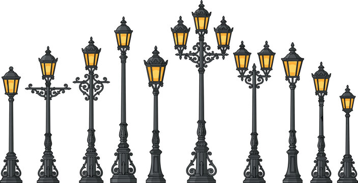 Vintage street lamps vector illustration set with classic black wrought iron lampposts glowing yellow light isolated on white background retro urban architecture clip art