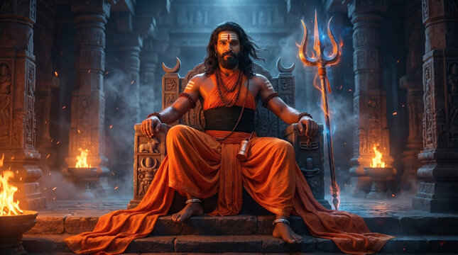 Machindranath inspired Indian yogi sitting in an ancient temple with glowing trishul and divine spiritual aura. Mystical devotional fantasy artwork inspired by Nath tradition, meditation, and Indian s