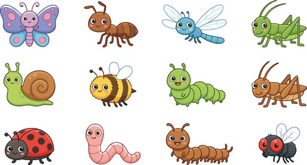 Cute insects and bugs vector illustration set with butterfly ant dragonfly grasshopper snail bee caterpillar ladybug worm isolated on white background flat cartoon design graphic clip art © MdMahfizur