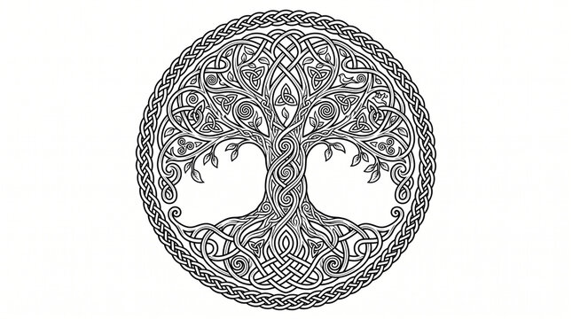 Celtic Tree of Life Illustration with Intricate Knotwork Border and Mystical Roots for Design