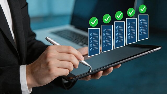 Professional person using stylus pen on tablet screen checking completed task lists, project management and workflow optimization concept with green checkmarks indicating success
