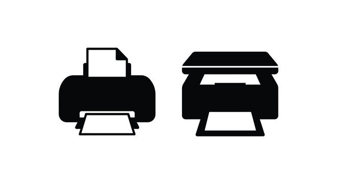 Two black printer silhouettes with paper modern office equipment isolated on a white background silhouette