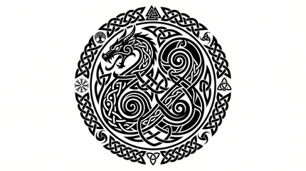 Viking Dragon Celtic Knotwork Circle Vector with Norse Mythology Symbols and Intricate Tribal Art