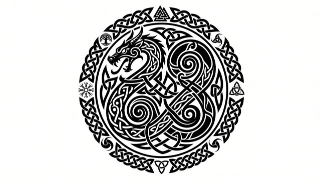 Viking Dragon Celtic Knotwork Circle Vector with Norse Mythology Symbols and Intricate Tribal Art