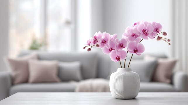 Elegant pink orchids in a white vase on a table in a bright living room