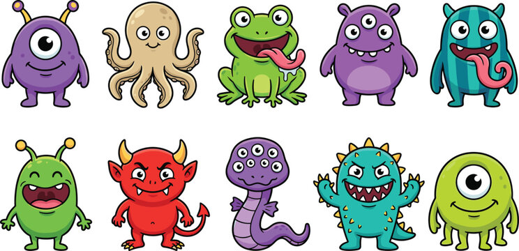 Cute monsters and creatures vector illustration set with alien octopus frog devil snake isolated on white background flat cartoon style kids character graphic clip art