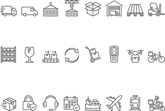 Logistics, shipping, transportation icons, 25 line icons set, business, delivery