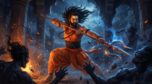 Machindranath inspired Indian yogi fighting dark forces with a glowing trishul inside an ancient temple. Mystical fantasy artwork inspired by Nath tradition, divine power, and Indian spiritual culture