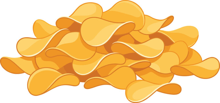 Golden potato chip illustrations with crispy texture, curved shapes, and snack food vector design concepts