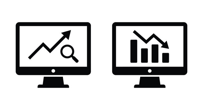 Computer monitor icons depicting growth and decline with chart and magnifying glass silhouette