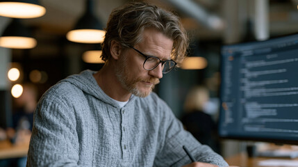 Fototapeta premium Software engineer and AI interface dashboard displayed on curved monitor, engineer annotating flagged data outputs with stylus, open-plan tech office, ceiling pendant lighting, human AI collaboratio