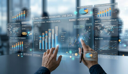 Plakat Two adult male hands interact with a futuristic holographic global financial data dashboard, viewing live market, sales and logistics analytics in a modern office.
