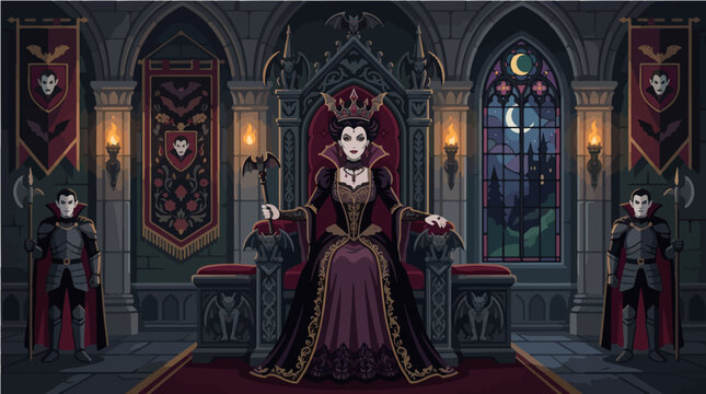 Pixel art of a regal vampire queen enthroned in a gothic castle hall with guards
