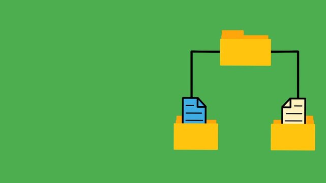 Animated yellow folder hierarchy with document management system structure. Folder diagram showing document emerging from folder.