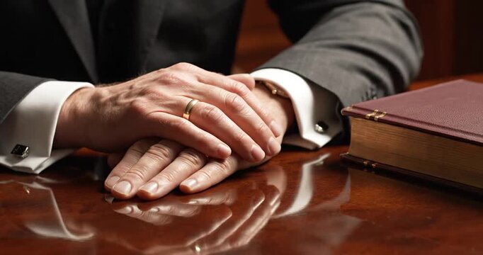 Man Praying with Hands Clasped on Desk.