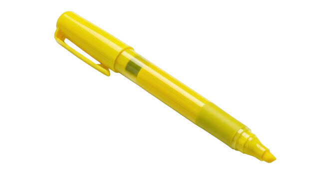 Bright yellow highlighter pen used for marking important text and notes for school or office work isolated on transparent background