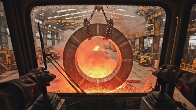High realism POV video from overhead crane operator perspective inside factory cabin hands operating joystick controlling glowing steel ring suspended by chains outside window intense red orange glow 