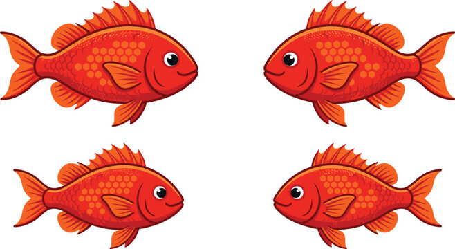 Red fish vector illustration collection set side view isolated on white background flat cartoon style marine animal graphic design element clip art asset