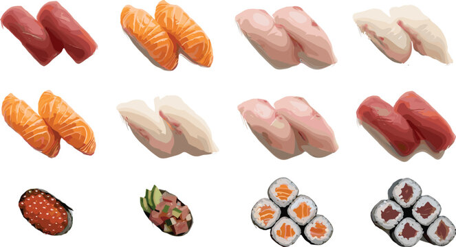 Traditional Japanese sushi vector set featuring delicious fresh salmon tuna maki rolls gunkan nigiri seafood collection isolated on white background flat cartoon food illustration
