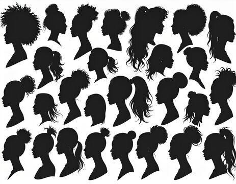 Collection of Women Ponytail Hairstyles Silhouettes with Elegant Female Side Profiles Vector Set