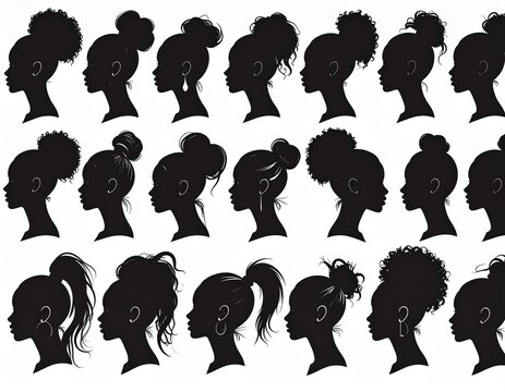 Collection of Women Ponytail Hairstyles Silhouettes with Elegant Female Side Profiles Vector Set