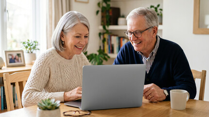 Fototapeta premium Happy senior couple using laptop together at home