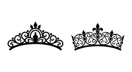 Two ornate tiara silhouettes with floral and scrollwork details on a white background silhouette © Mithon