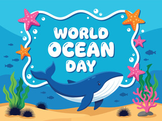 Fototapeta premium Cute Cartoon Blue Whale and Starfish Celebrating World Ocean Day Underwater with Vibrant Corals and Marine Life in Flat Vector Style