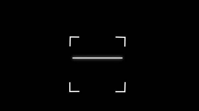 Minimalist QR code scanner interface frame with white glowing laser line on black background, digital bar code scanning HUD element, viewfinder symbol.
