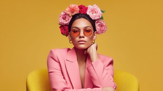 Stylish woman with flower crown and sunglasses on yellow background