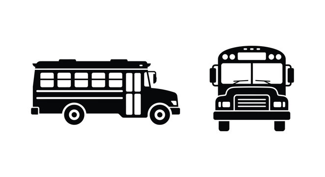 School bus silhouettes in side and front views on a white background silhouette