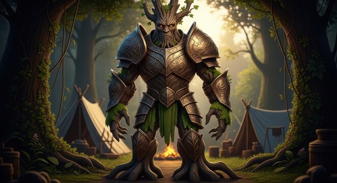 Epic Fantasy Illustration of a Powerful Armored Tree Warrior Guardian Standing in a Forest Camp at Sunset