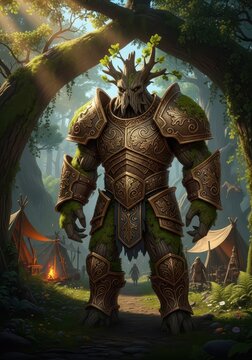 Powerful Tree Guardian in Ornate Bronze Armor Standing in a Fantasy Forest Camp Digital Illustration