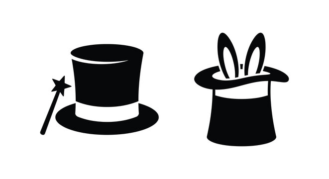 Two black magic top hats with wand and rabbit simple flat graphic silhouette