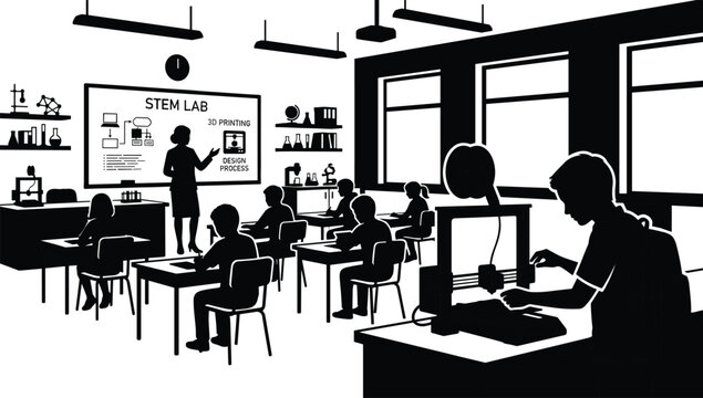 STEM lab classroom silhouette with teacher presenting 3D printing design process to students learning engineering isolated black vector illustration