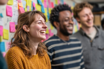 Obraz premium Team of positive young people standing front of whiteboard with colorful sticky notes. Their approach to problem-solving and project planning. In office industrial chic vibe. Generative AI image