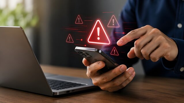Mobile Cyber Threat Glowing Red Error Holograms on Smartphone Display Phishing Attack Warning