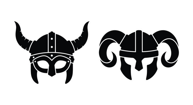 Two viking helmets with horns black silhouette on a white background silhouette
